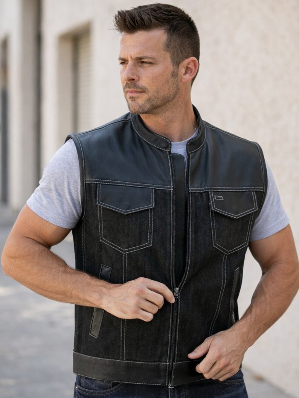 Mens Denim Leather Motorcycle Vest Biker Club Style SOA Concealed Carry CCW Blac